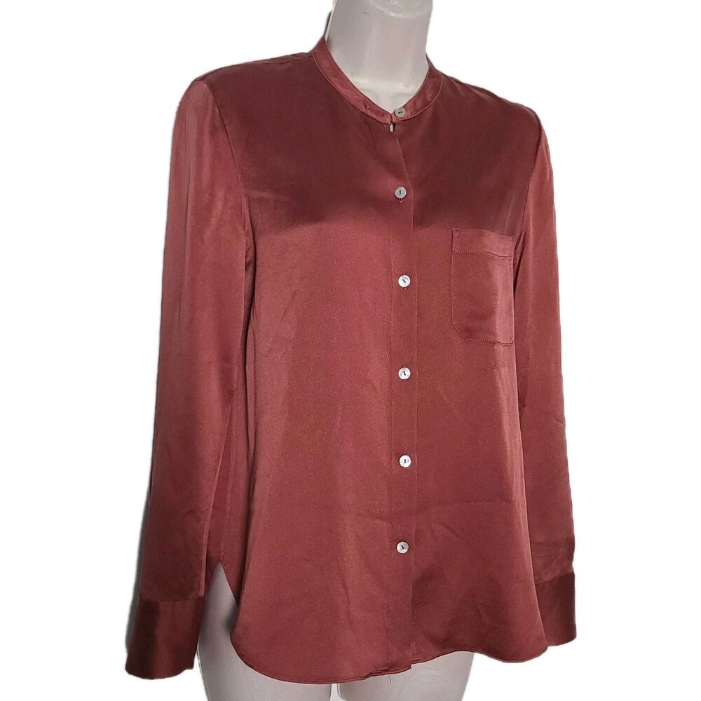 Vince Silk Band Collar Blouse Long Sleeve Button Up Maroon / Brick Pocket Size 4